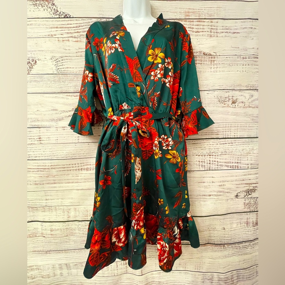 Green Satin Floral Print Ruffle Skater Dress
